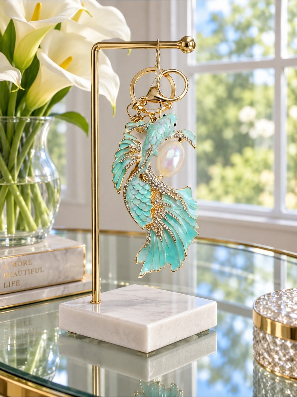 Aqua Fish Pendant Keychain with Iridescent Pearl Accent
